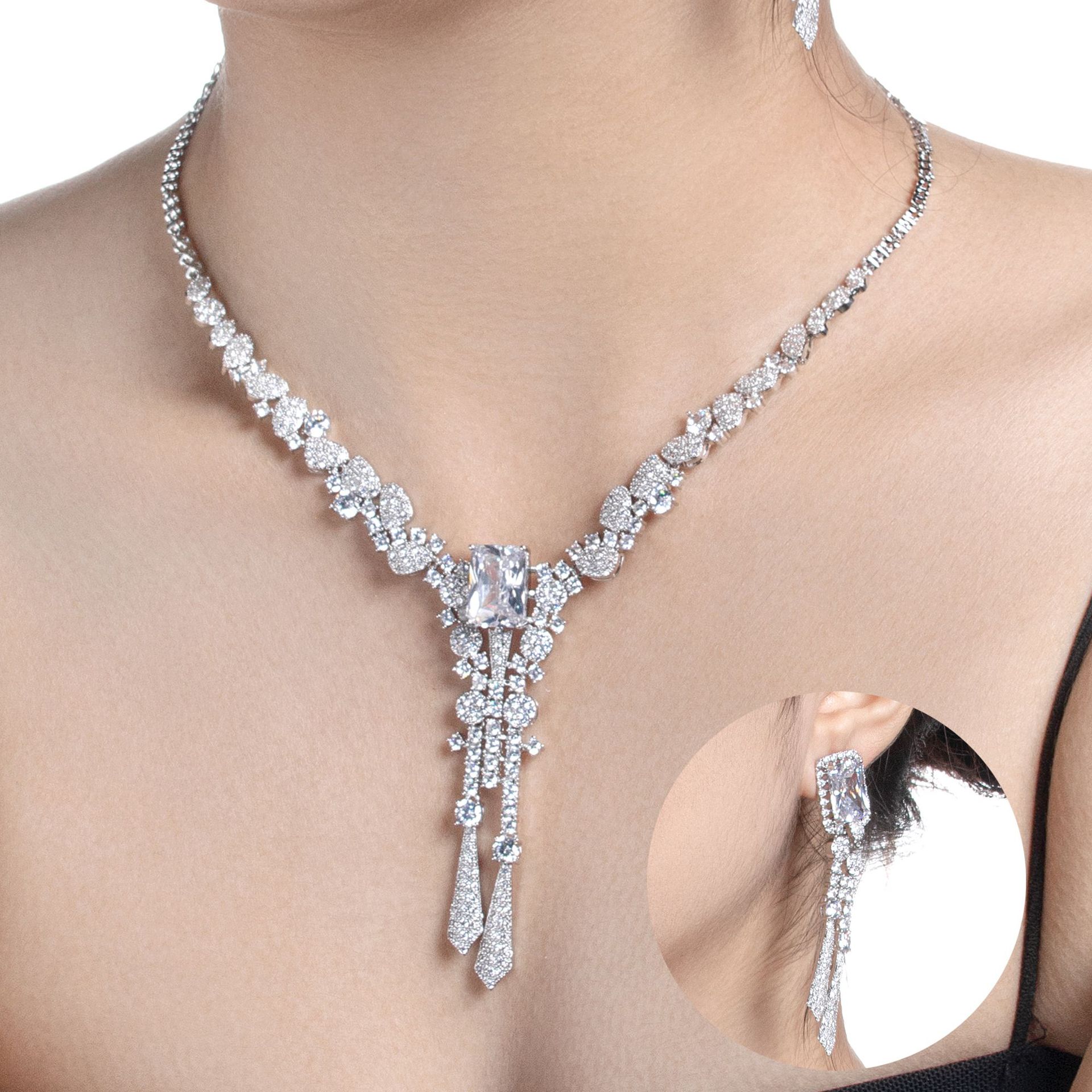 High end full diamond flower zircon jewelry set, dress accessories, simple bridal necklace, silver needle earrings, tassel accessories