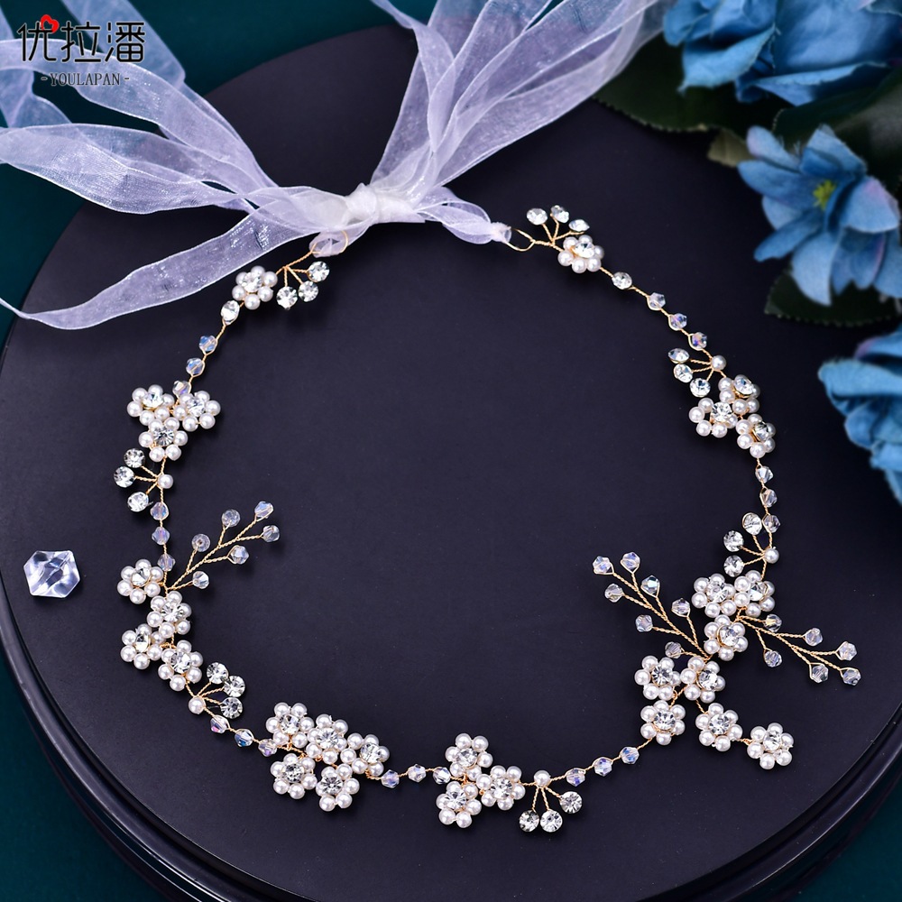 Yulapan HP129 Foreign Trade Bridal Wedding Headwear Water Diamond Handmade Crystal Gold Hair Ornament Pearl Flower Hair Strap