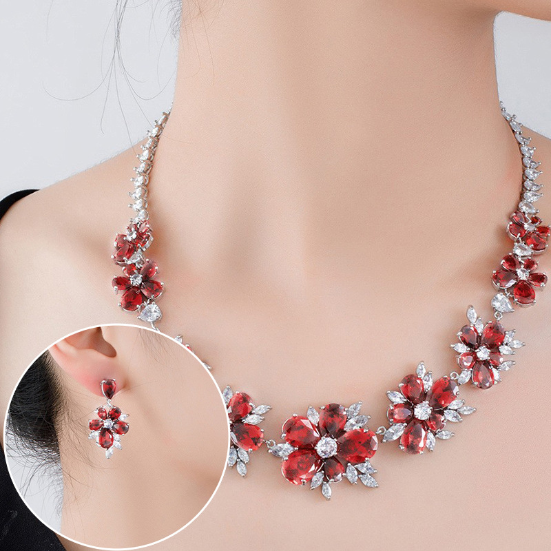 European and American style cross-border exclusive bridal wedding jewelry zircon necklace earring set fashionable flowers versatile casual style