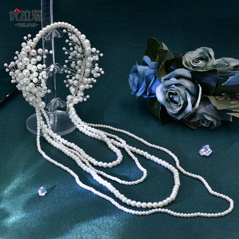 Yulapan HP647 Foreign Trade Bridal Back of Head Pearl Braided Hair Chain Hair Accessories Wedding Headwear Super Fairy Hair Hoop
