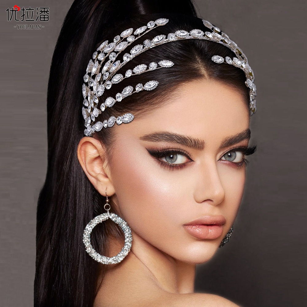 Yulapan HP533 Bridal Accessories Handmade Asymmetric Headband Water Diamond Hair Hoop European and American Light Luxury Pressed Hair Accessories