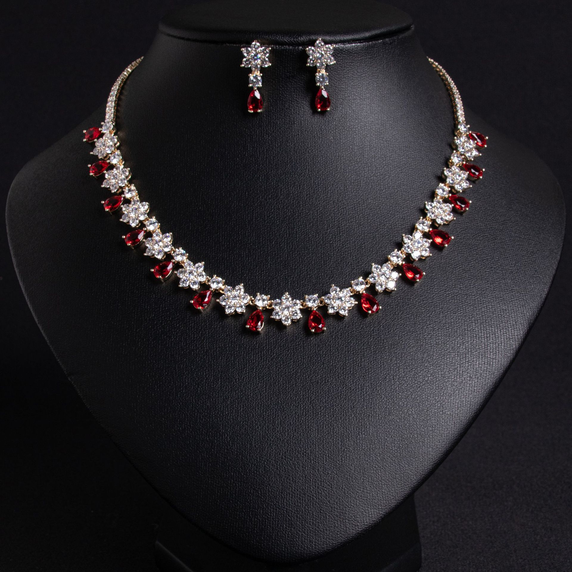 Cross border New Caibao Bridal Zircon Jewelry Set with AAA Zircon Bridal Necklace, Necklace, Earrings, Two Piece Set