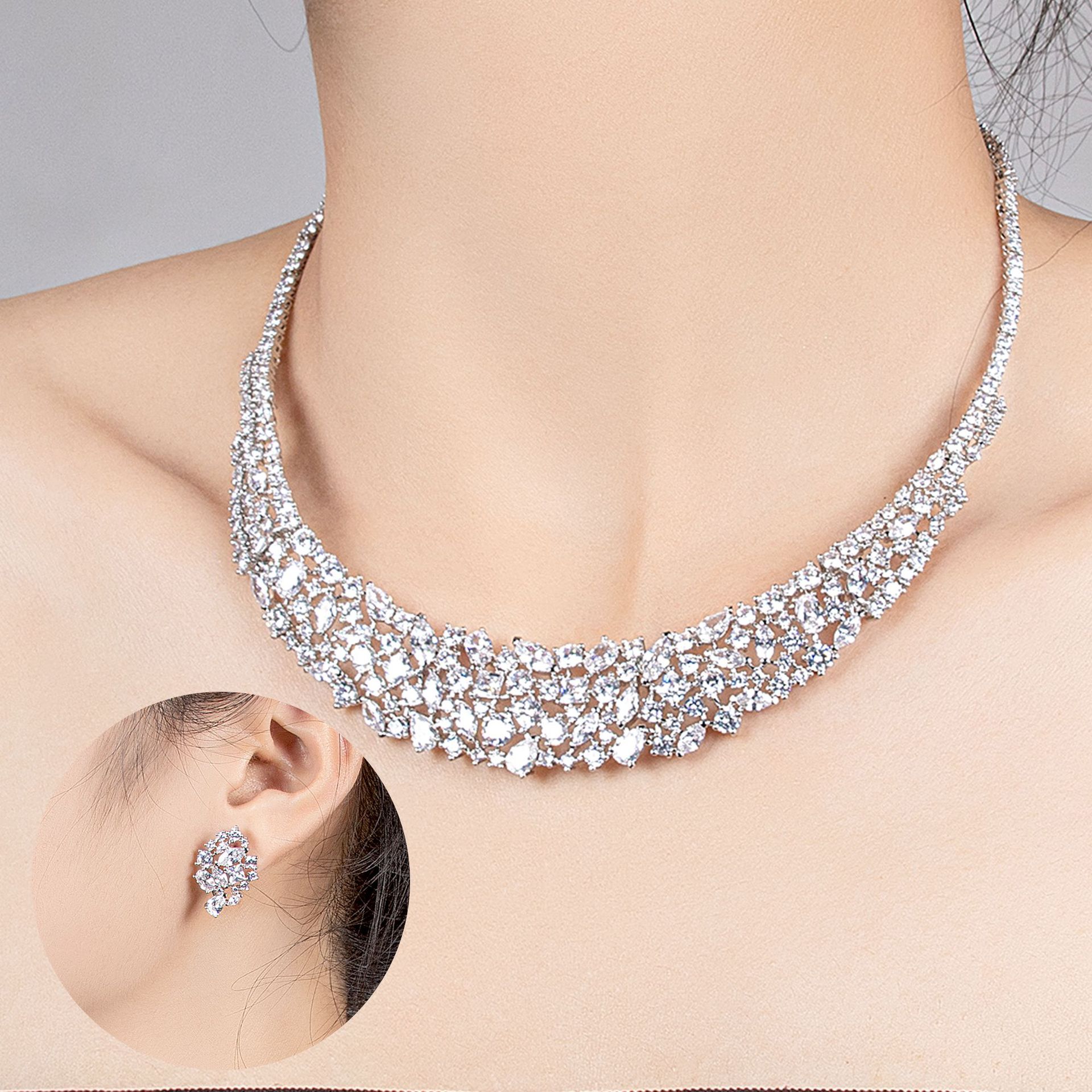 European and American ins hip-hop new style luxurious temperament simple and shining high-end zircon bridal jewelry necklace earring set