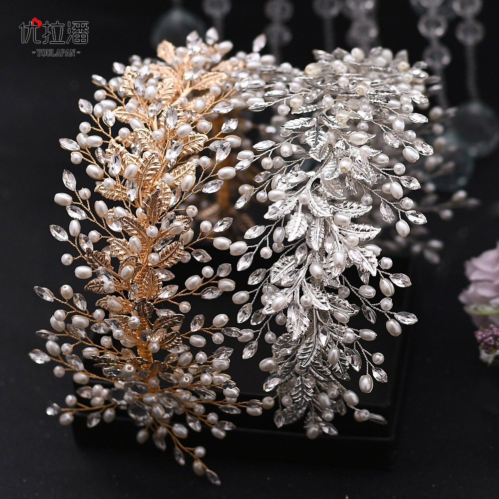 Yulapan HP322 Bridal Handmade Pearl Wide Hair Hoop, Gold Leaf Water Diamond Shaped Headpiece, Pan Hair Hoop