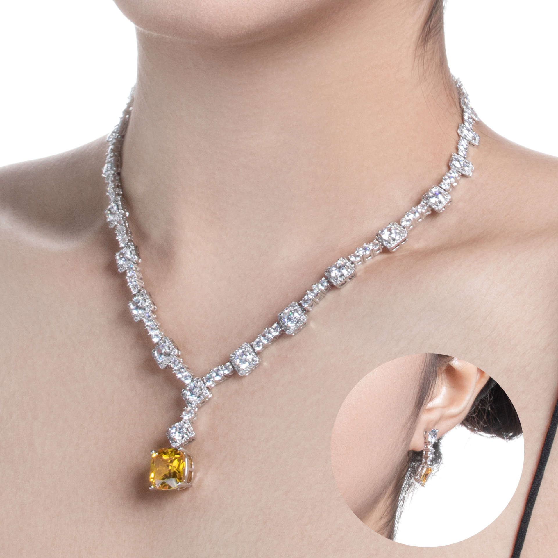 European and American Cross border Bridal Necklace Earrings Simple Set Wedding Zircon Jewelry Evening Dress Accessories 2-piece Set Hair Collection