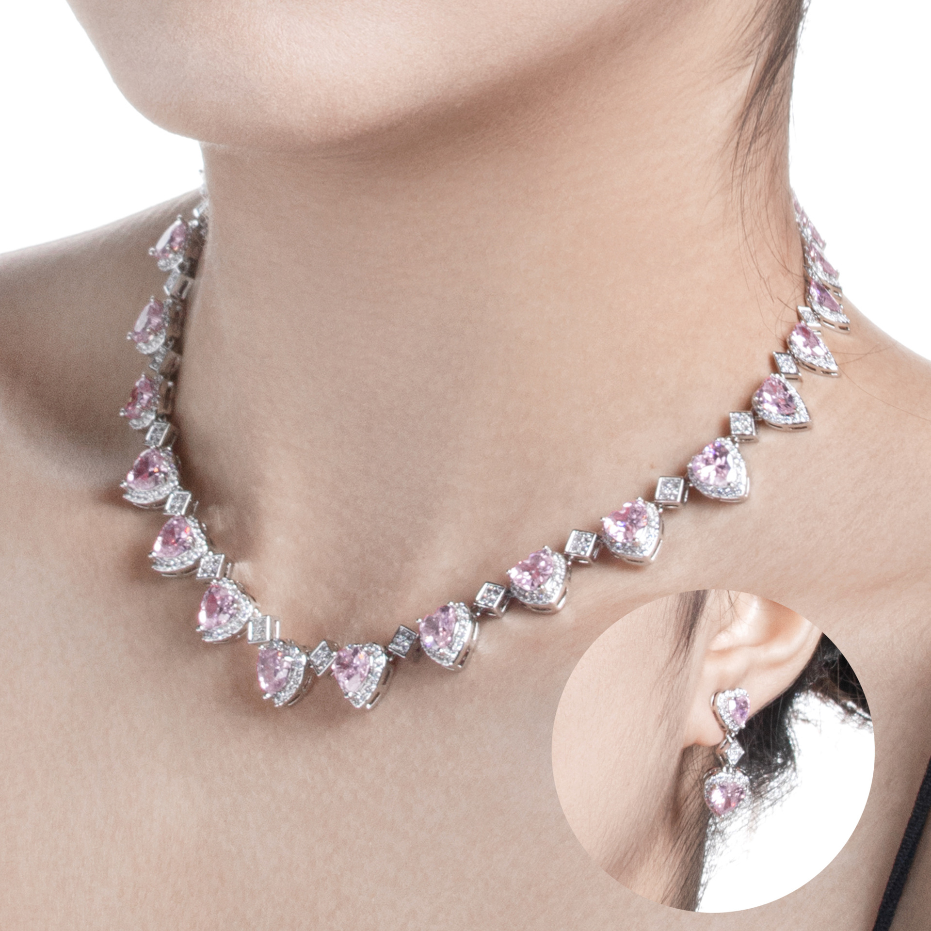 Ladies' Love Zircon Banquet Leisure Versatile Necklace Jewelry Korean Edition Popular Earrings Jewelry Set Factory Wholesale