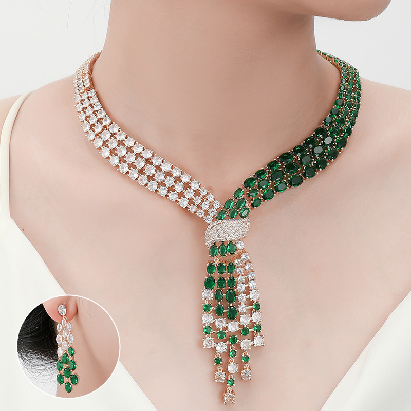 Bridal wedding jewelry set, European and American light luxury high-end temperament, tassel zircon earrings necklace two-piece set, hair replacement
