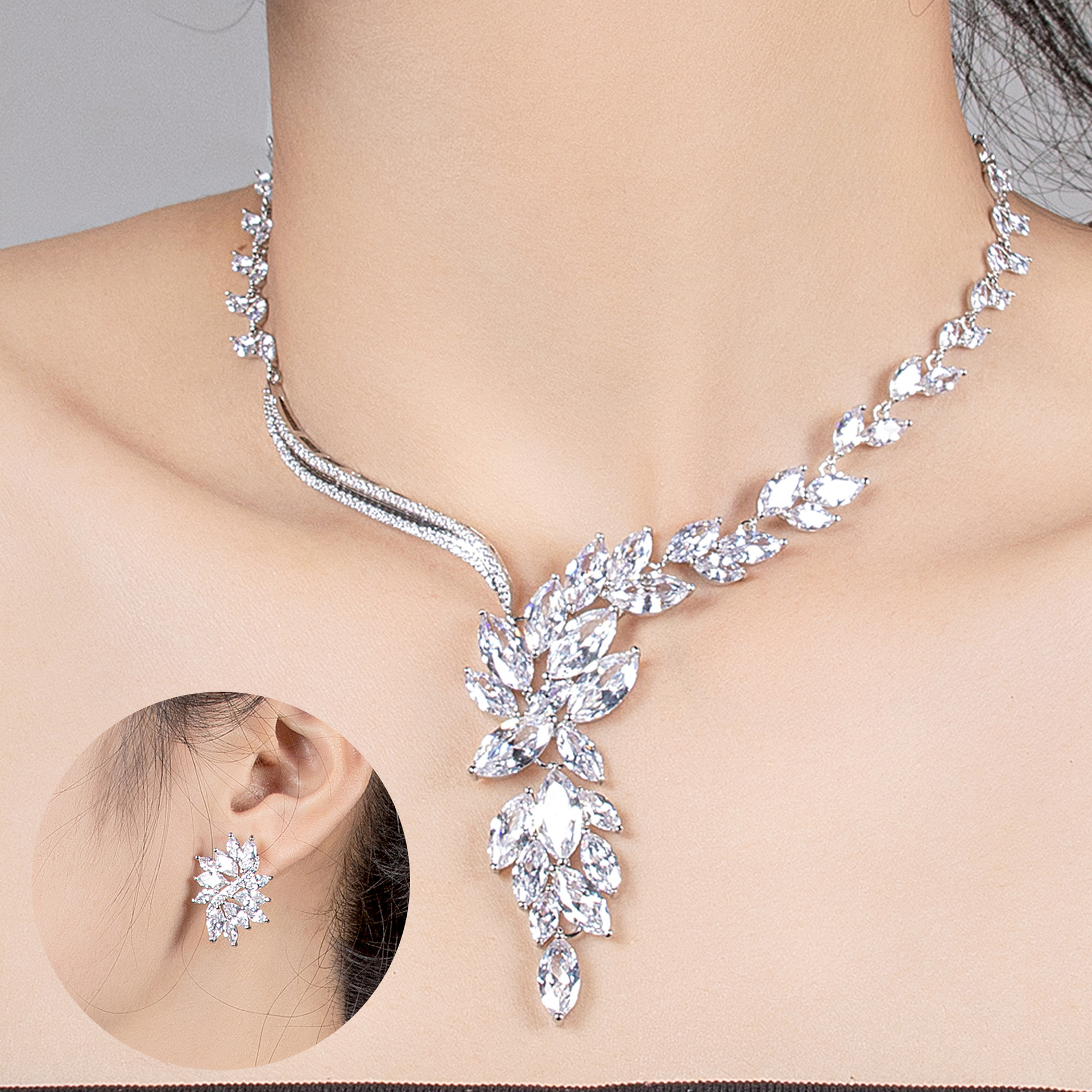 European and American Style Noble New Phoenix Bride Zircon Necklace Earring Set for Women's Lucky Flower Vine Flash 3A Jewelry Set