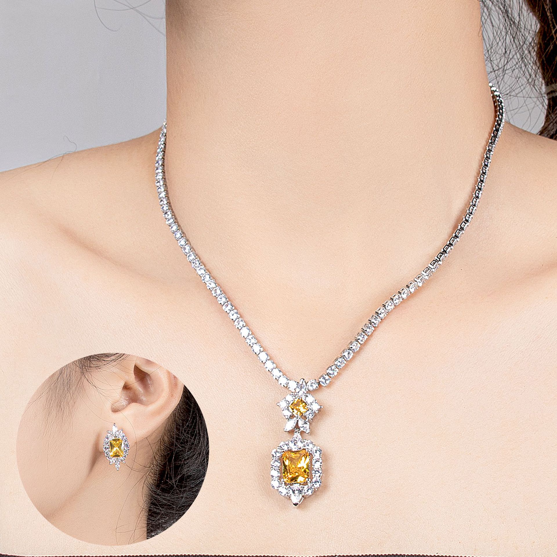 Starry Sky Love Cross border Minimalist Female Niche Fashion Champagne Gold Exquisite Bride Zircon Necklace Earring Set Wholesale