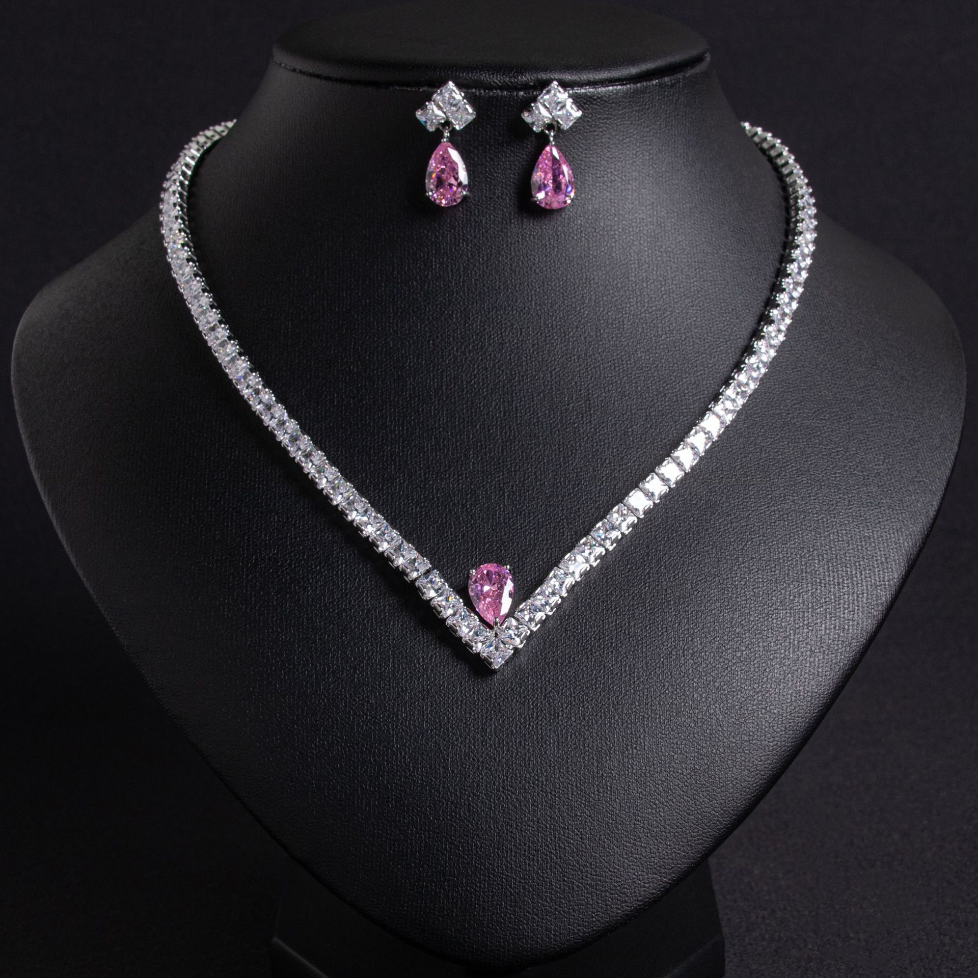 Simple and versatile temperament, bridal zircon necklace, earring set, wedding dress, banquet, annual meeting, ins jewelry