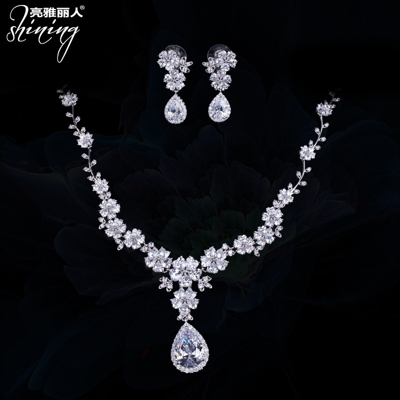 Korean version of minimalist bridal earring set, zircon necklace, women's banquet jewelry, cross-border popular jewelry wholesale on AliExpress