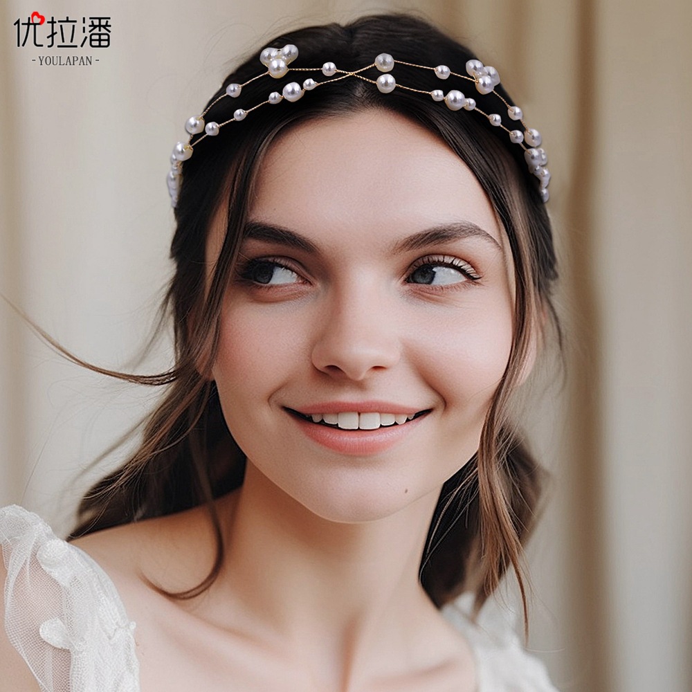 Yulapan HP36 Foreign Trade Daily Braided Hair Accessories Bridal Handmade Pearl Cross Hair Accessories Golden Hairbands