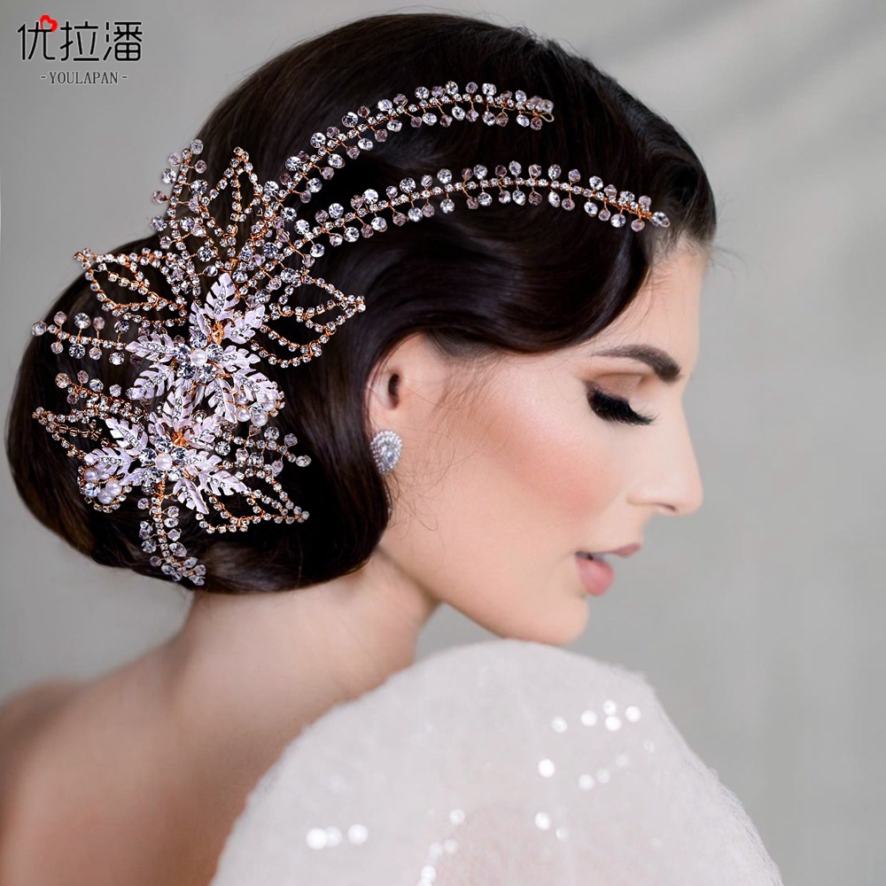 Yulapan HP254 Bridal Toast Dress Headwear European and American Water Diamond Leaf Side Decoration Creative Handmade Pearl Edge Clip