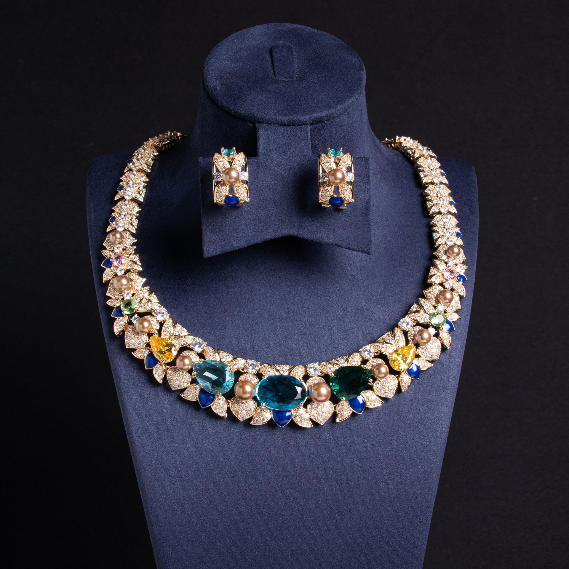 Cross border AliExpress hot item Heavy Industry irregular geometric blocks full zirconia necklace with high-end atmosphere set of jewelry