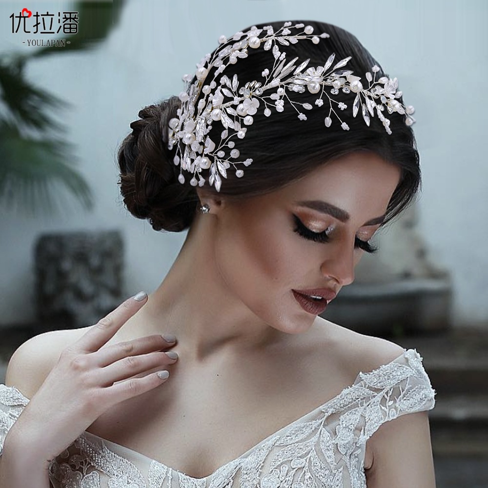 Yulapan HP280 gold hand woven bridal headpiece hair clip, pearl water diamond edge clip, wedding accessory
