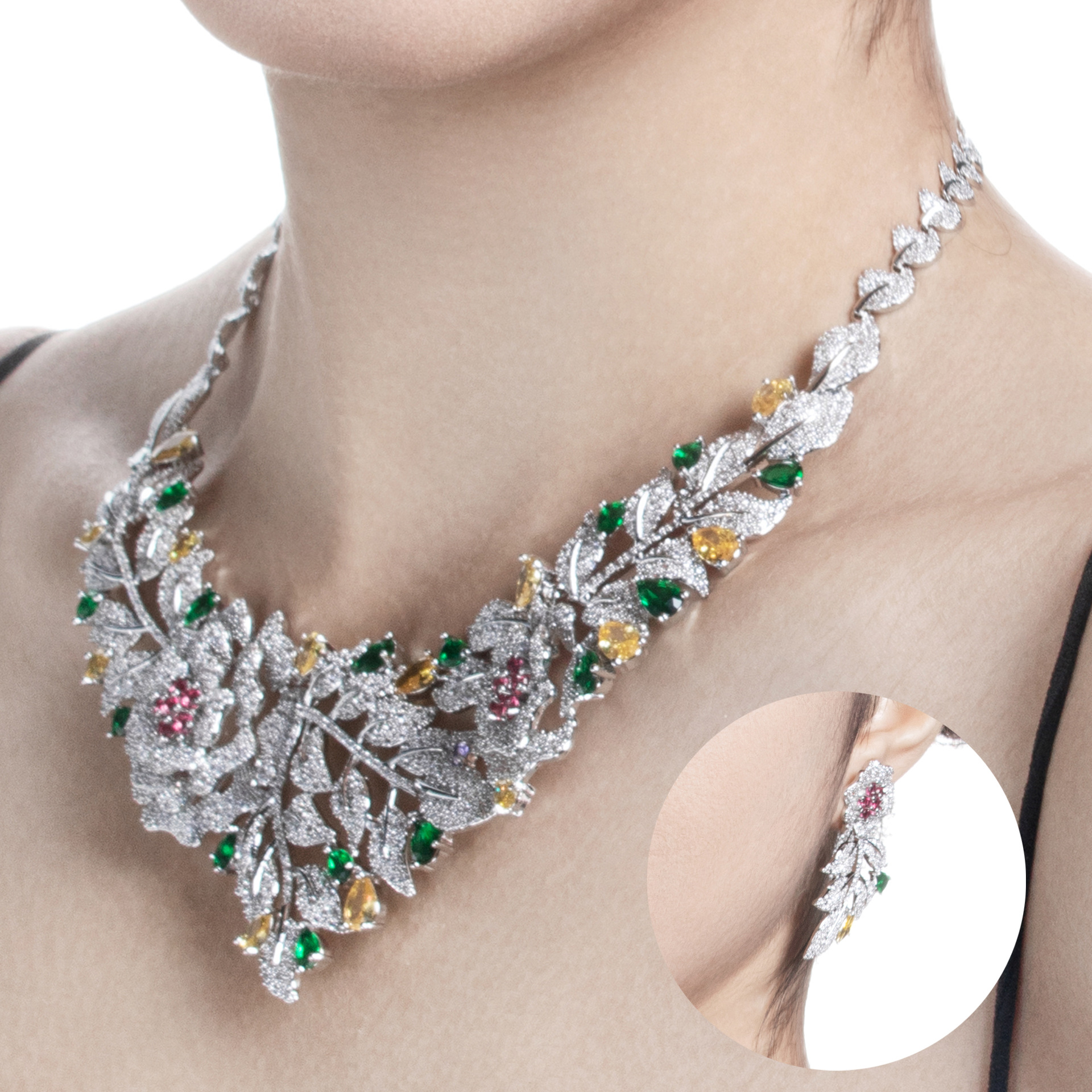 European and American retro necklace set, women's two-piece set, leaf flower exaggerated luxury jewelry, new style bridal wedding accessories