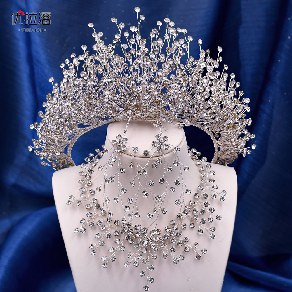 Yulapan HP193 European and American Wedding Dress Crown Headpiece Wedding Three Piece Set Bridal Atmosphere Encryption Water Diamond Hair Accessories