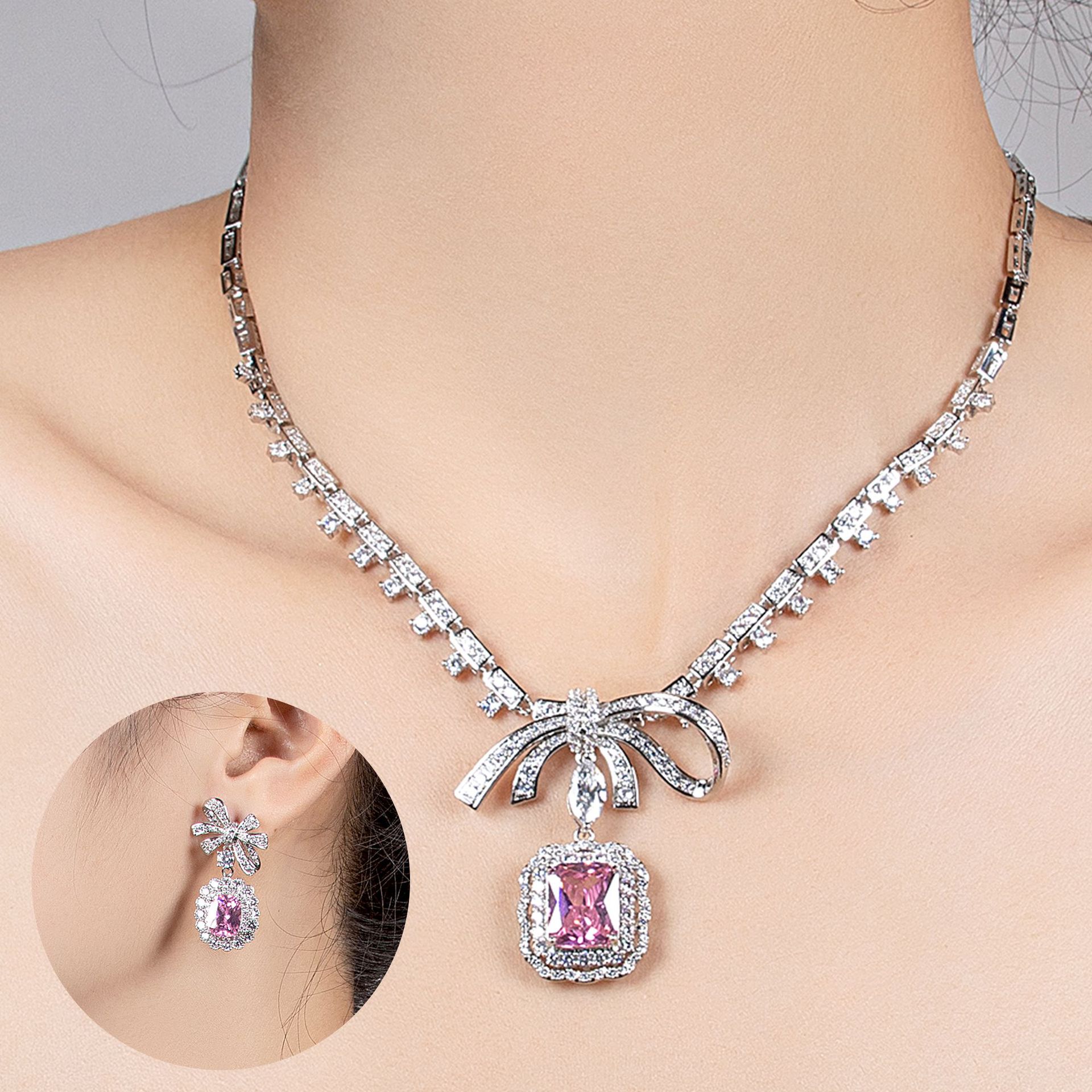 Korean Cross border New Bridal Jewelry Casual Women's Bow Pendant Zircon Earrings Necklace Dress Jewelry Set