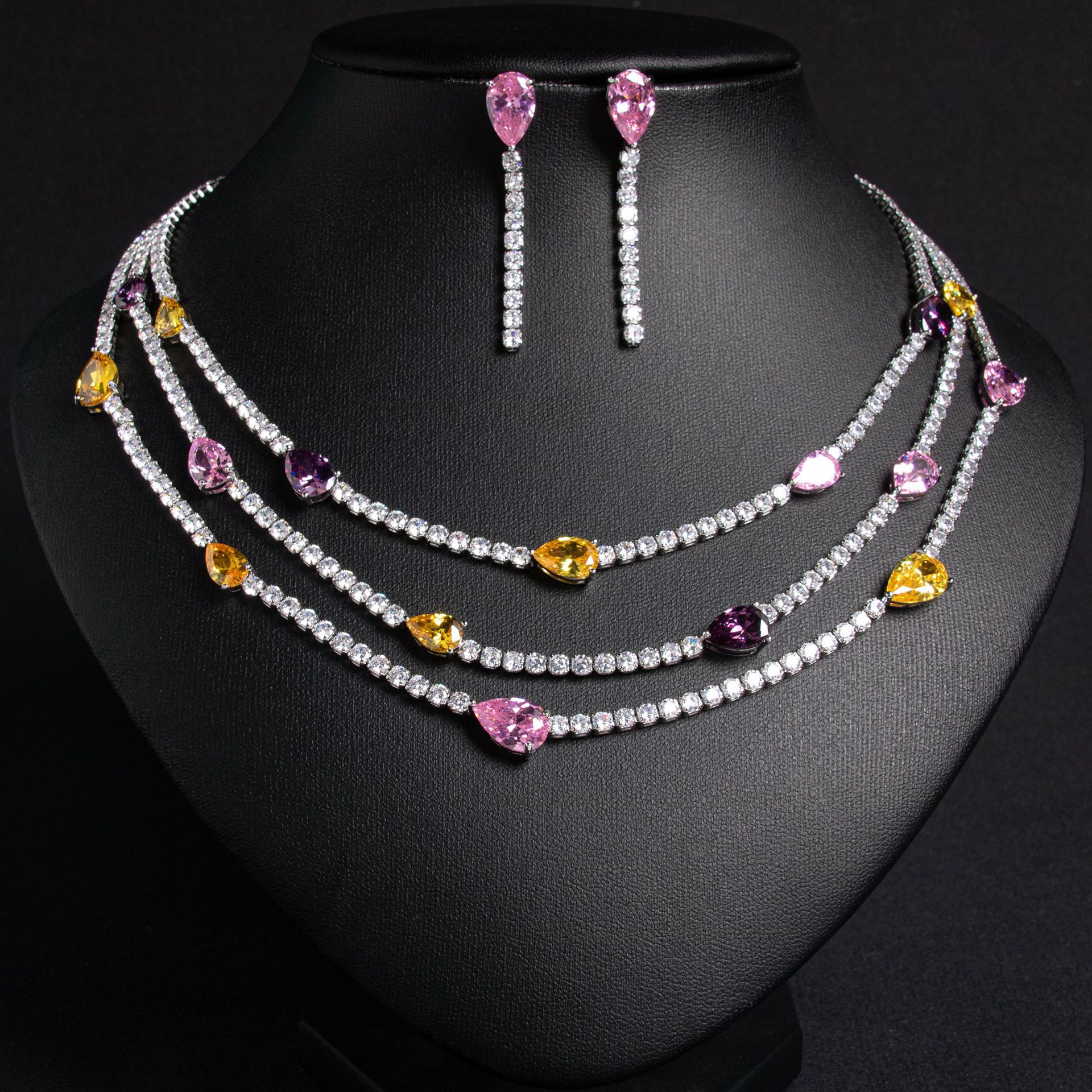 French style light luxury full diamond dinner dress necklace with multiple layers of stacked zircon water droplets collarbone chain earrings set