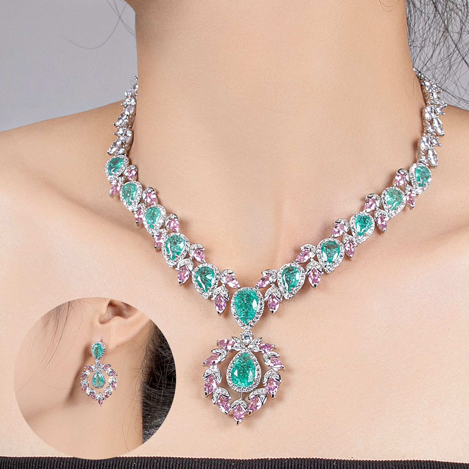 Bridal Dress Jewelry Set Zircon Water Drop Inlay Multi Color Matching Middle Eastern Jewelry Necklace Earrings Jewelry Wholesale