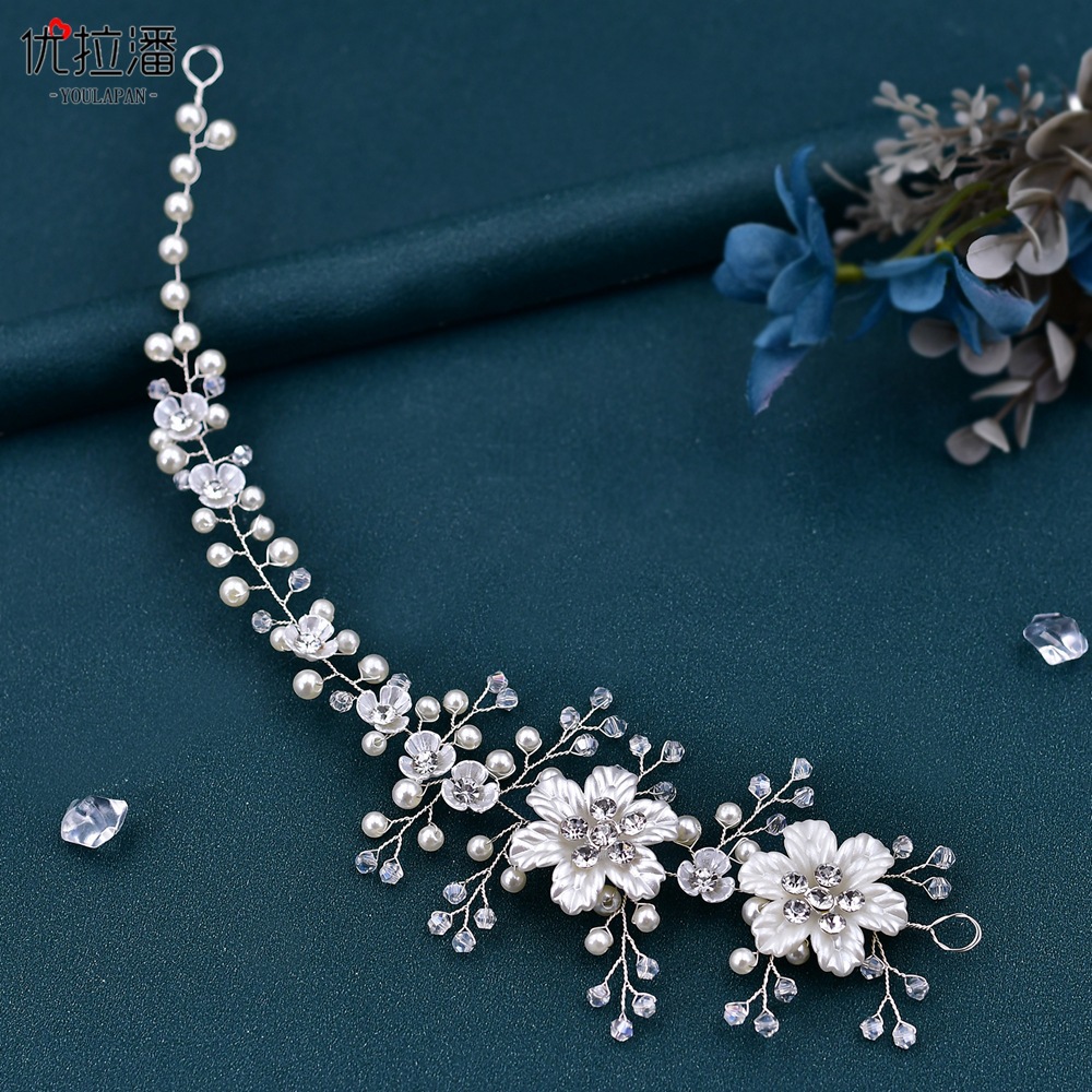 Yurapan HP295 Independent Station Source Handmade Beaded Crystal French Flower Bridal Hairband Pearl Hair Strap