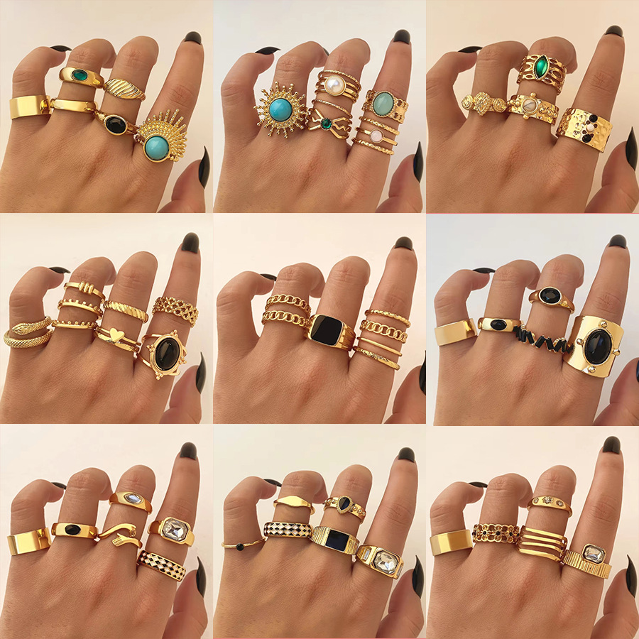 Vintage European and American circular geometric grandmother emerald colored natural stone metal ring with KC gold plating ring set