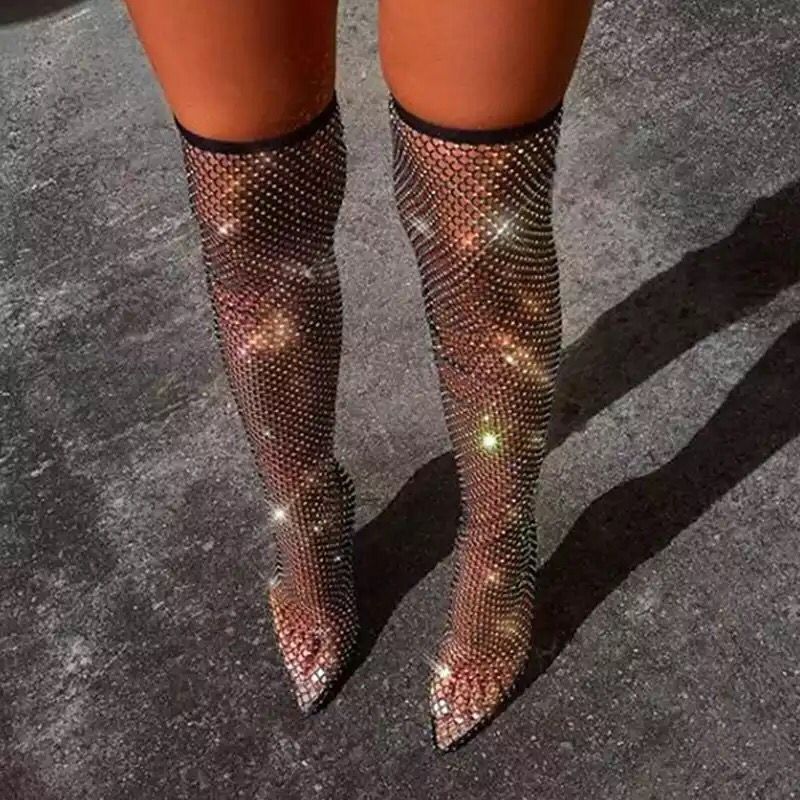 Stage performance cool boots, European and American plus size knee high boots, women's summer full diamond rhinestone pointed high-heeled long socks boots
