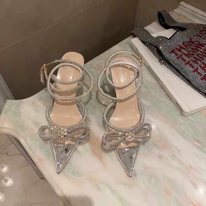 Summer New Fashionable Pointed Bow Water Diamond High Heels Silk Rear Buckle Buckle Thin Heels Women's Sandals French