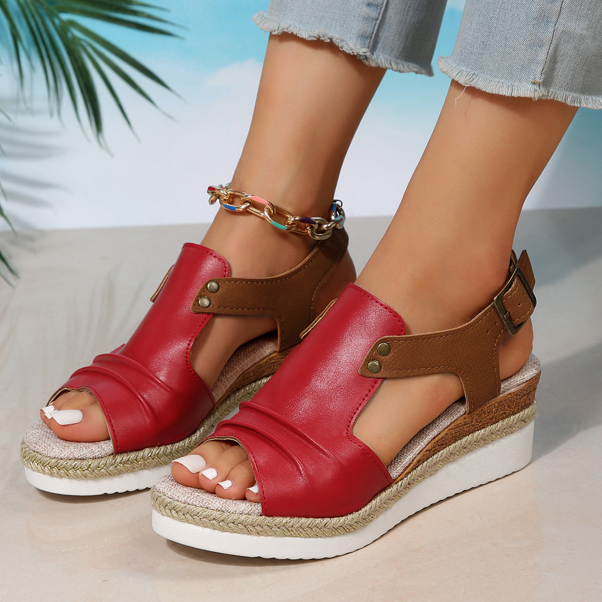 2023 Summer New European and American Fish Mouth Slope Heel Sandals Large Fold Belt Buckle Thick Bottom Hemp Rope Bottom Women's Sandals