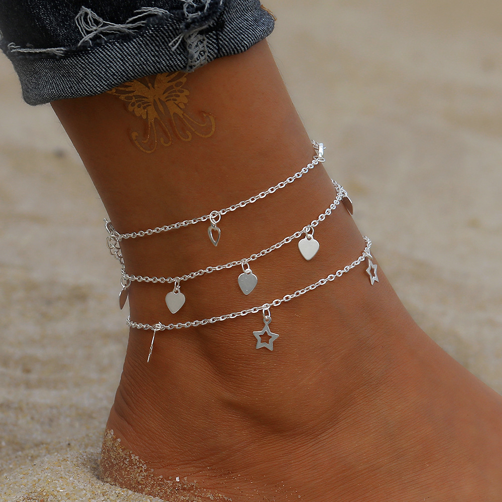 Cross border New Beach Tassel Star Moon Pendant Foot Decoration Creative Multi layer Love Stacked Wind Alloy Foot Chain