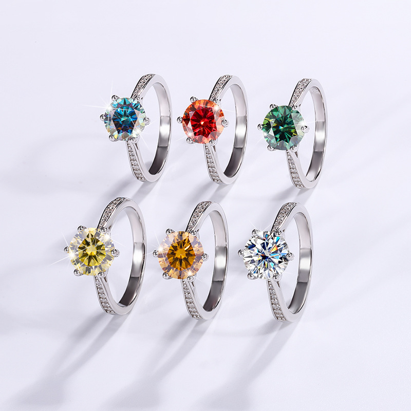 MoSang Stone Korean Six Claw Diamond Ring Micro Inlaid Women's Ring MoSang Diamond 925 Pure Silver Ring 1 Carat Wholesale Jewelry Live Streaming