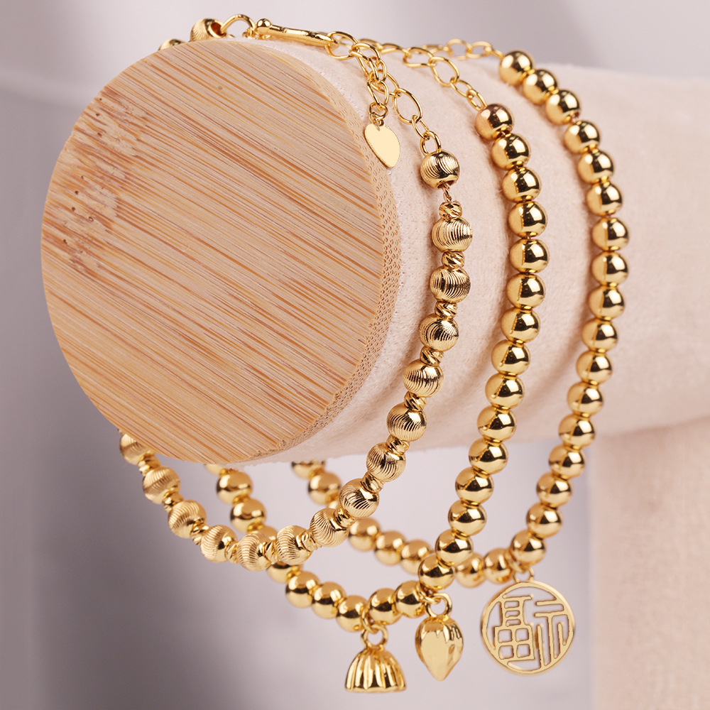 Two Worlds Happy Titanium Steel Bracelet Copper Plated True Gold Color Preserved Electroplating Female Transport Bead Bracelet Stainless Steel Round Bead Bracelet