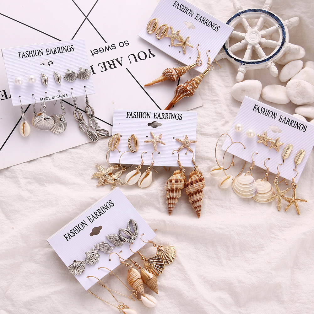 AliExpress new European and American style conch series earrings, women's starfish seashell seaside beach style earrings, 6 pairs set