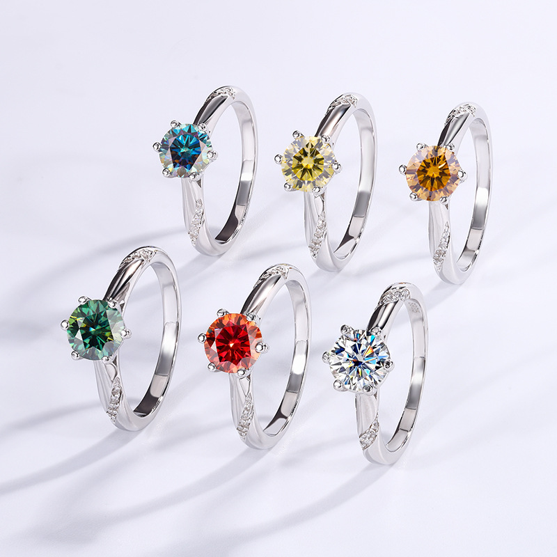 D-color moissanite simulation diamond ring, one carat spiritual six claw S925 pure silver ring, female live streaming manufacturer direct sales