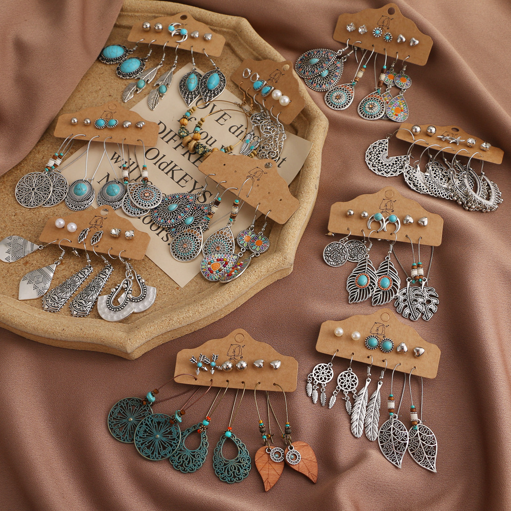 6-piece Bohemian style earring set in the Korean jewelry world, tassel with pendant ethnic style cross-border retro earrings