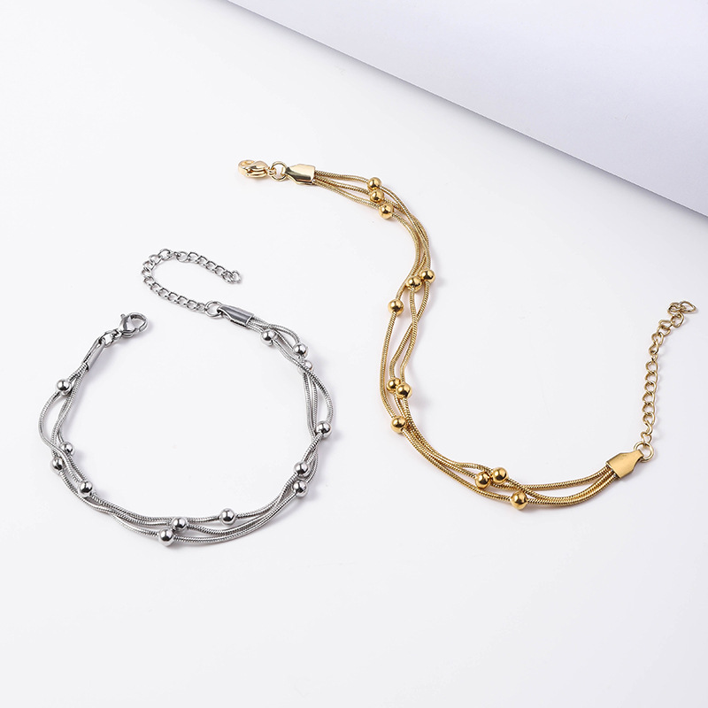 Cross border stainless steel three-layer snake bone clip bead chain bracelet, fashionable titanium steel multi-layer stacked bracelet, 18K real gold in the furnace