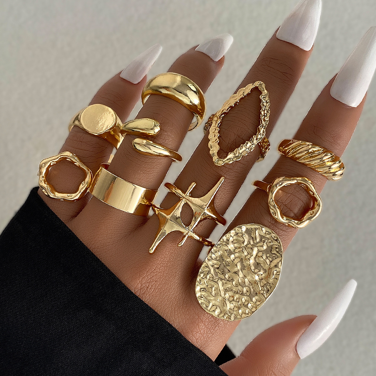 10 piece set of European and American cross-border geometric metal wind lava line ring with exaggerated personality and open mouth ring set for women