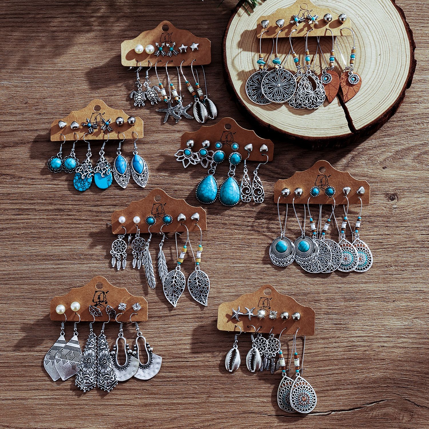 European and American earring set cross-border Amazon retro earrings long tassel leaf ethnic style alloy women's earrings