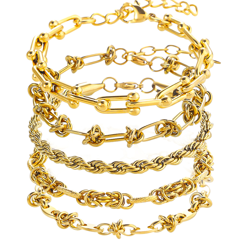 Cross border stainless steel bracelet, European and American women's 18K genuine gold plated Cuban chain bracelet, versatile men's titanium steel bracelet