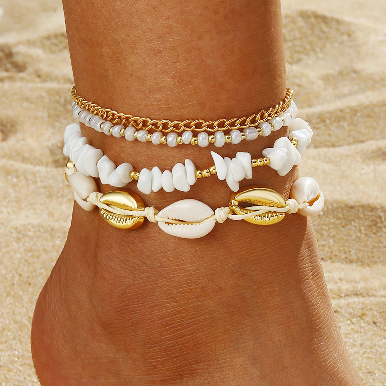 Bohemian style rice bead shell ankle chain white small gravel beach shell rice bead woven ankle chain 4-piece set