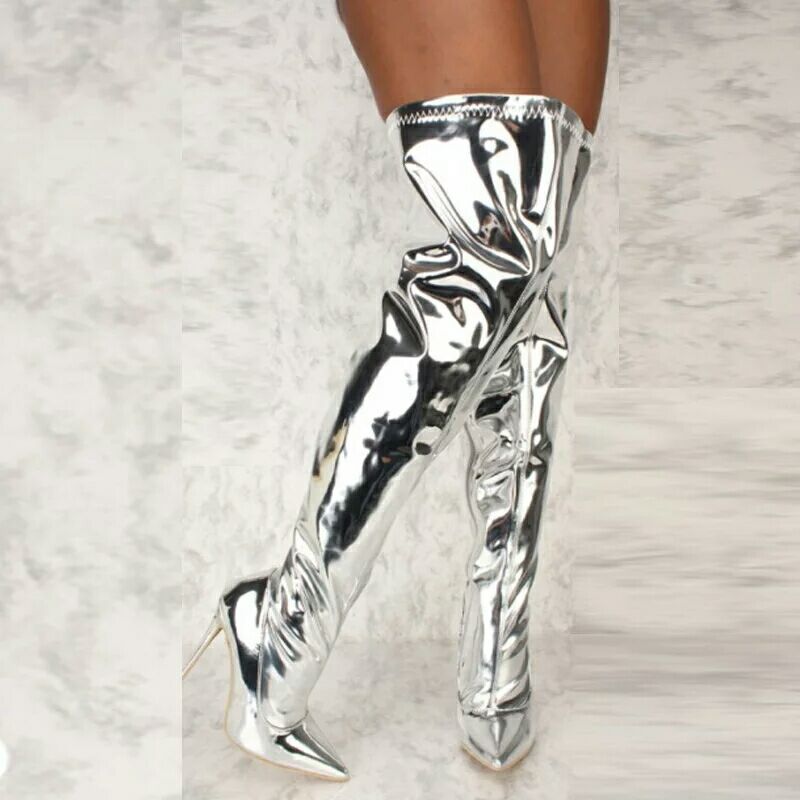 European and American pointed sexy mirror gloss women's over the knee boots, fashionable fashion shows, nightclubs, super high heels, slim heels, women's long boots, large size