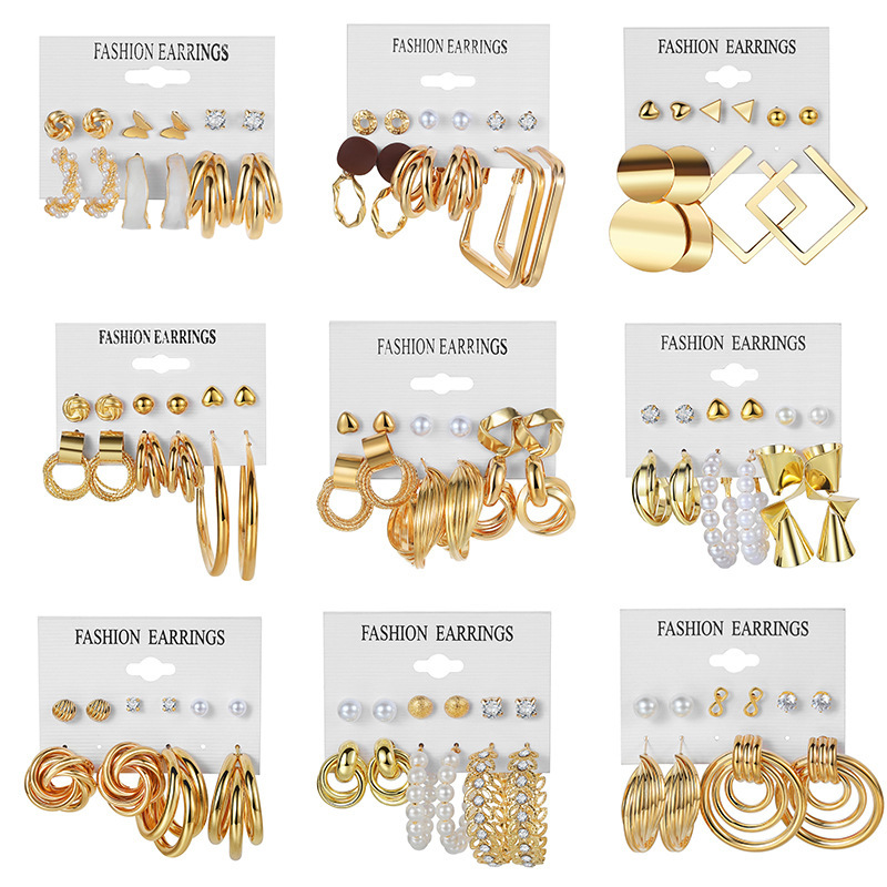 Euro American Cross border Alloy Earrings Square Geometric Earrings Set 6-piece Retro Pearl Card Earrings Earrings and Accessories