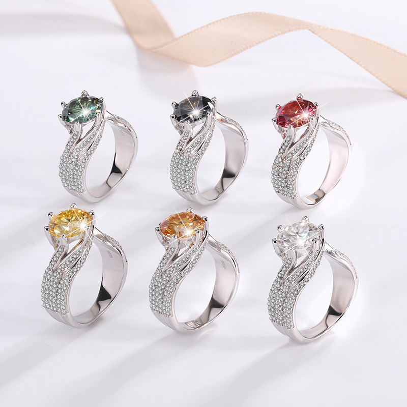 S925 Pure Silver Three Year Love Mo Sang Diamond Women's Ring 5-carat Full Diamond Large Carat Colorful Diamond Ring Cross border Supply
