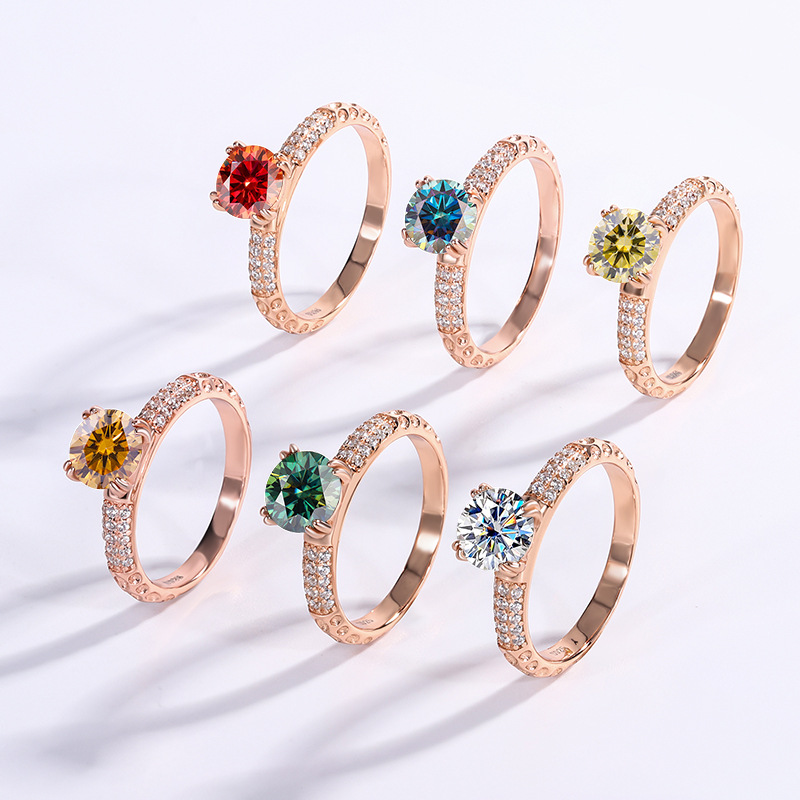 S925 pure silver ring, four claw wedding ring, Chihiro women's 1-carat colored moissanite diamond ring, directly supplied by cross-border manufacturers