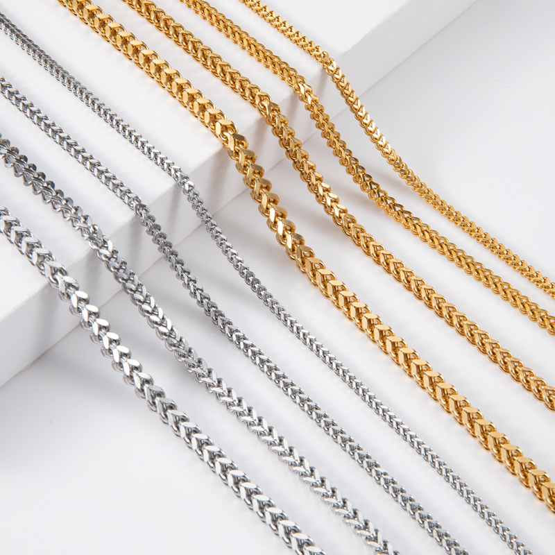 Hot selling hip-hop chain necklace, stainless steel braided chain, four sided ground necklace, stainless steel single row necklace