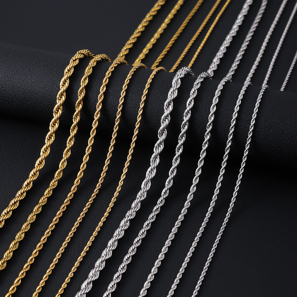 European and American cross-border hip-hop chain vacuum color preserving electroplating titanium steel gold Fried Dough Twists chain stainless steel Fried Dough Twists necklace