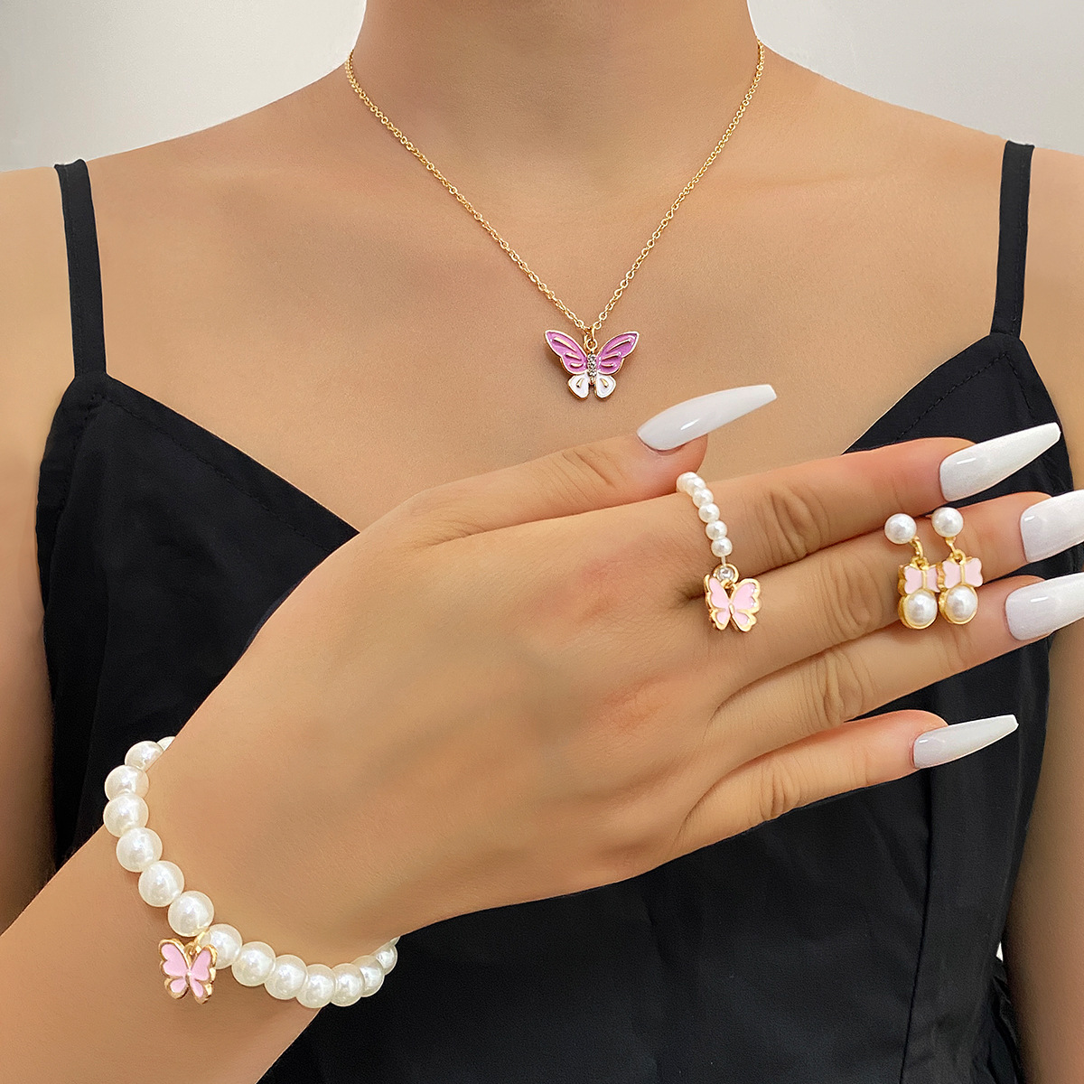 Foreign trade hot selling simple jewelry fashionable versatile necklace pearl bracelet ring earring set watch accessories in stock