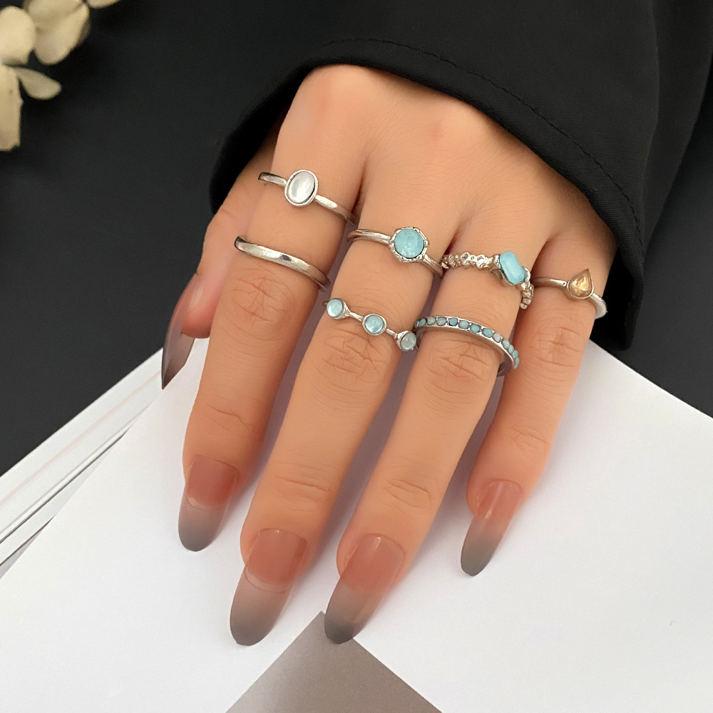 New European and American Colorful Retro Gemstone Ring Set in the Korean Jewelry Industry, 7-piece Simple and Fashionable Ring Style Joint Ring