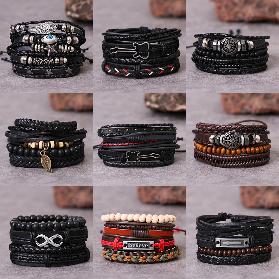 2125 European and American Foreign Trade Retro Multi layer Adjustable Leather Bead Bracelet Hand woven Men's Bracelet Jewelry Wholesale