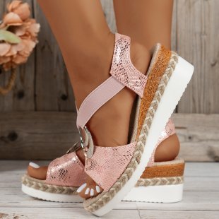 Cross border foreign trade 2023 summer new snake patterned wedge sandals women's hemp rope bottom fish mouth thick bottom sandals in stock all year round